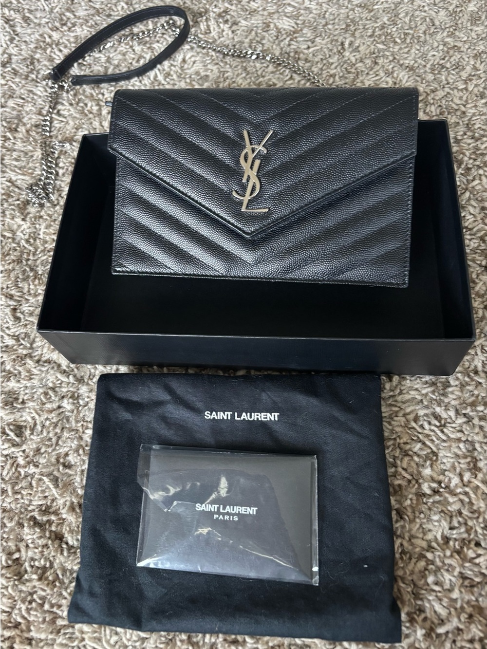 Saint Laurent Black Chevron Quilted Leather Wallet W/silver crossbody clutch nwt